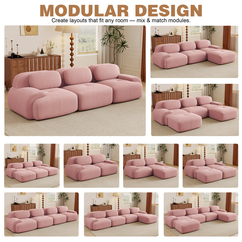 Canapé modulaire 118 po, siège profond 3 places, velours côtelé, rose, 118 po