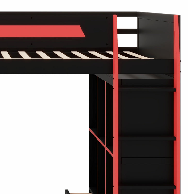 Smart RGB LED Loft Bed with Desk, USB Ports, 6 Cubbies, 6 Drawers, Black+Red