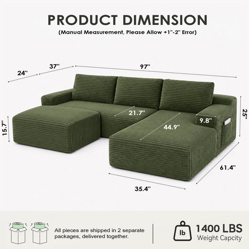 Canapé modulaire Boneless, Orienté vers le côté droit, Vert