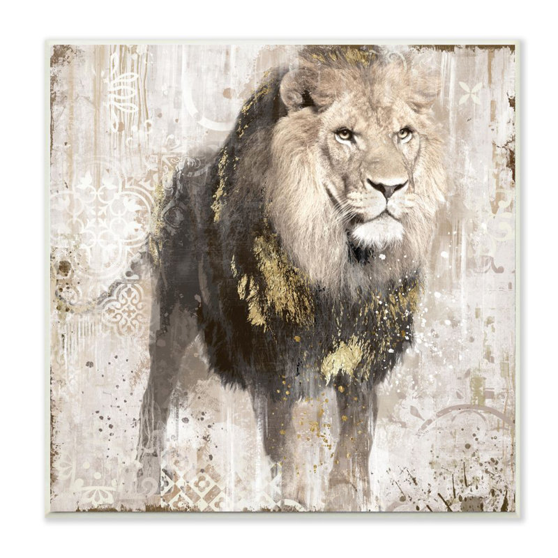 «Lion Gold Neutral Animal», impression, Plaque murale, H 12 po x l 12 po x P 0,5 po