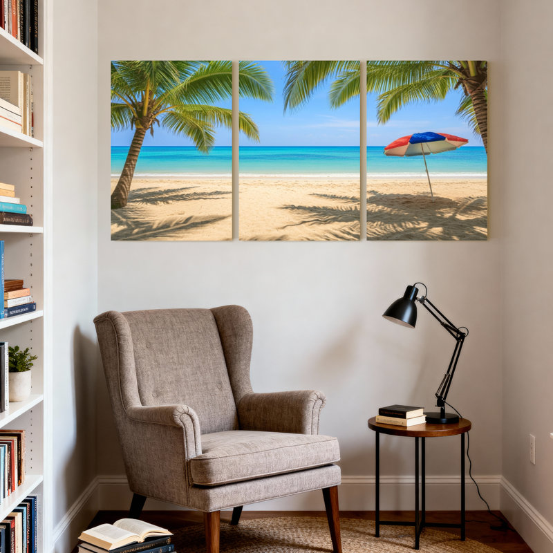 Palmiers, plage tropicale, palmiers, parapluie océan, ciel de sable, ensemble de 3 impressions sur toile, H 24 po x l 48 po