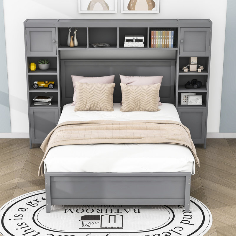 Lit plateforme double avec rangement Milpara, gris