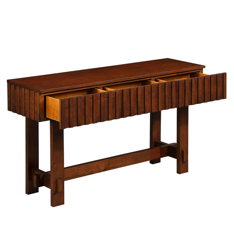 Mid Century Entryway Table With Solid Wood Legs And Console. 52 Inch, Fluted, Cherry For Foyer Console 3 Drawers. Legs,