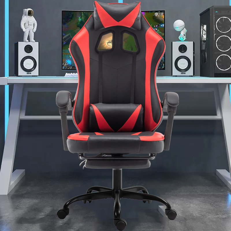 Radelldar Adjustable Reclining Ergonomic Faux Leather Swiveling PC & Racing Game Chair with Footrest, Black/Red