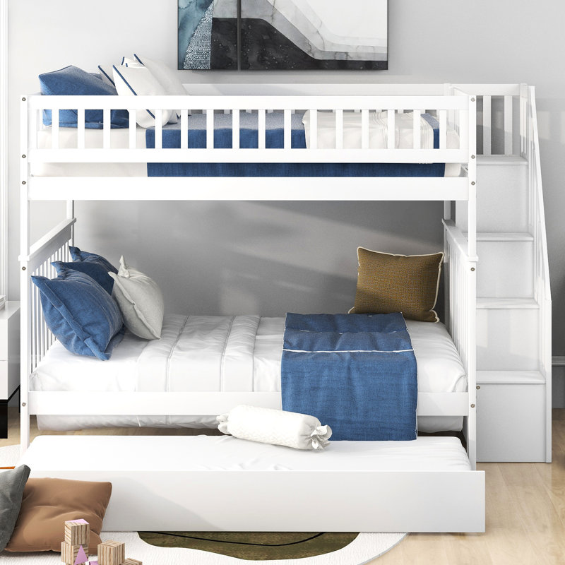 White Full/Full Bunk Bed With Trundle And Stairway - Quality Pine Wood Build, Guardrail For Protection, Generous Storage, Effortless Assembly Procedure Followed Full Over & Staircase, Robust