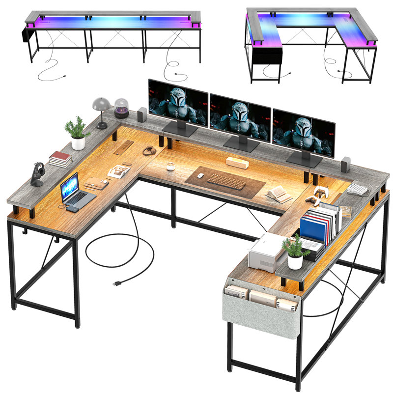 Gaming Desk, U-Shaped Computer Desk with LED Lights and Power Outlets, 126'' Reversible L-Shaped Large Gaming Desk with Monitor Stand, Corner Office Desk with Storage Bag and Hooks, Gray