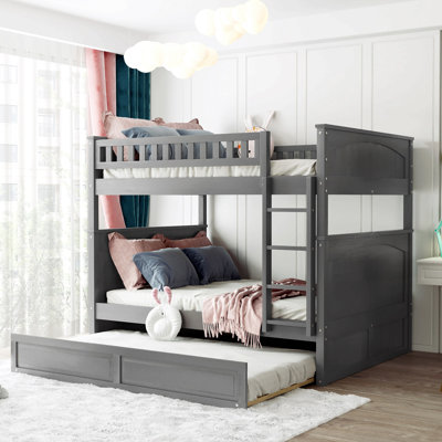 Bunk Bed With Twin Size Trundle, Pine Wood Bunk Bed With Guardrails