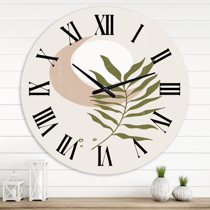 Lune géométrique abstraite avec feuille II - horloge murale moderne, Grand