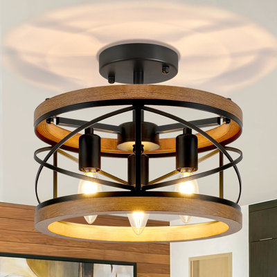 1-Light Farmhouse Rustic Drum Cage Semi Flush Mount Ceiling Light Fixture for Hallway, Entryway, Porch, Kitchen