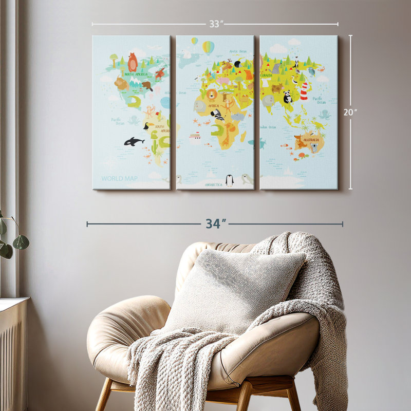 "Carte du monde des animaux" sur toile, H 20 po x l 33 po x P 1,25 po