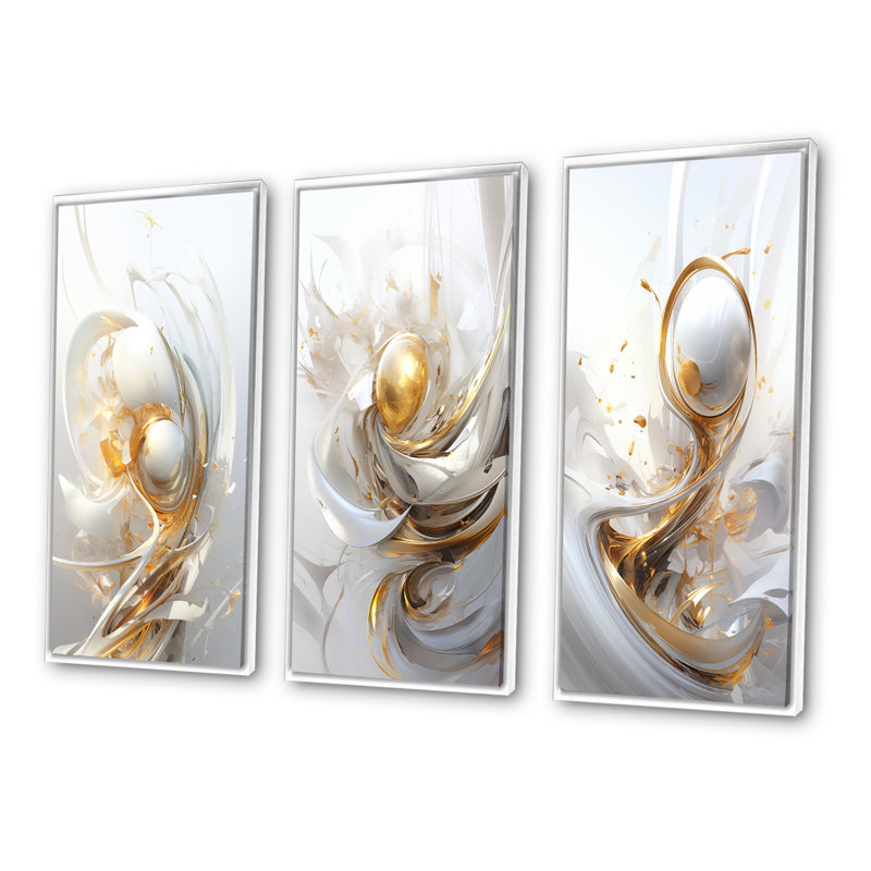 «Gold Sphere Fractal», 3 pièces sur toile, H 20 po x l 36 po, Cadre flottant blanc
