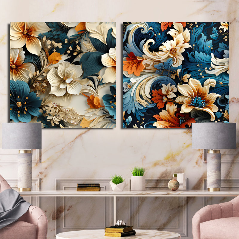 Vernita - Ensemble de 2 collages floraux et botaniques carrés, H 16 po x l 33 po, Toile tendue