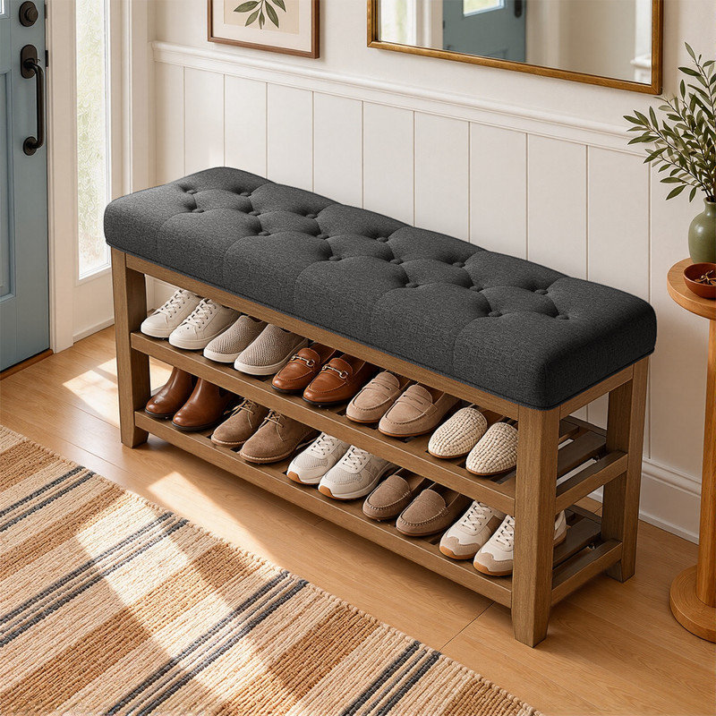 Upholstered Bench with Shelves, 45.28 inch, Dark Grey