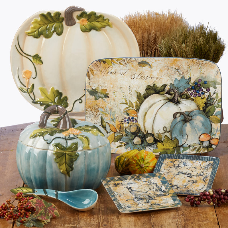 Harvest Gatherings Rectangular Ceramic Platter with Teal and White Pumpkins