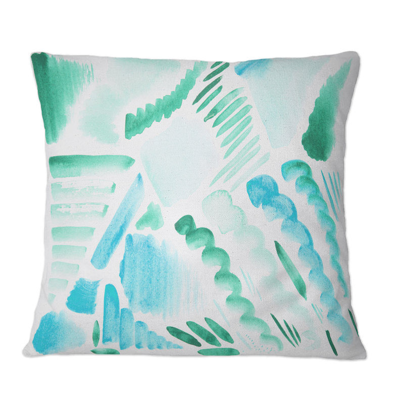 Éléments graphiques rétro en bleu et vert I - Coussin décoratif imprimé moderne, 16 po x 16 po