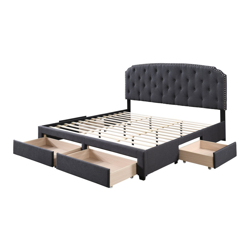 Talmo Upholstered Panel Bed Frame with Storage Drawers, Nailhead Trim Headboard, King, Dark Grey