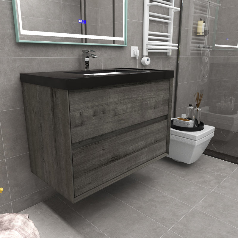 36" Wall-Mounted Single Bathroom Vanity Set, Smoke Oak