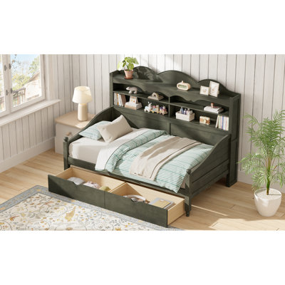 Space-saving Twin Beds With Wood Storage, Antique Grey Retro Design For Home