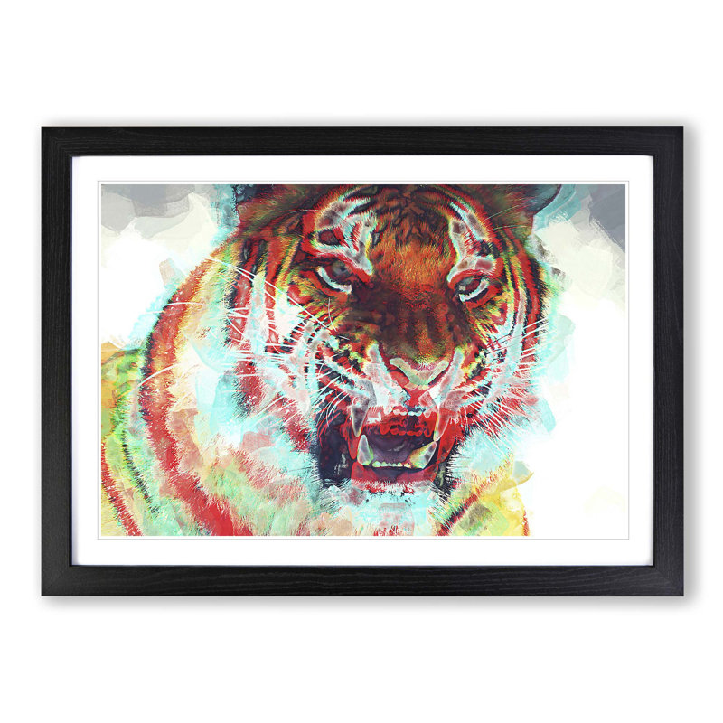 Roaring Tiger in Abstract - Picture Frame Painting Print, 60cm H x 91cm W x 2cm D, Black
