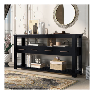 Grande table d'entrée de 62,2 po à 4 tiroirs, console peinte avec tablettes ouvertes à 3 niveaux et poignées en métal, table de canapé d'entrée polyvalente pour le salon, la chambre à coucher, le vestibule et la cuisine