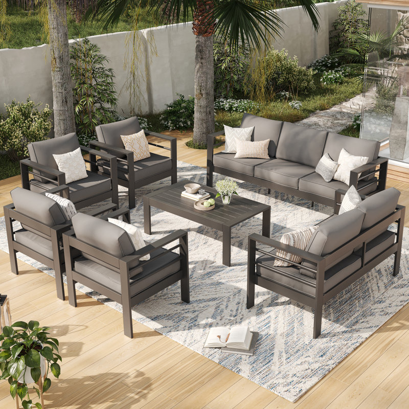 Tatisha 9-Person Aluminum Outdoor Conversation Set with Olefin Cushions, Dark Gray, Charcoal Gray
