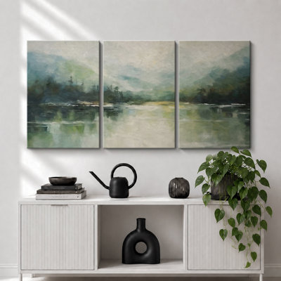 "Abstrait paysage", "Emerald Green Mountain Lake", art mural minimaliste moderne, impression sur toile encadrée, 3 pièces