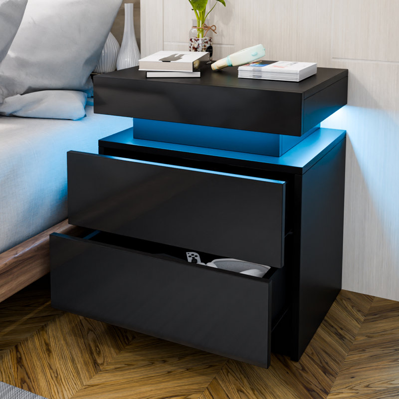 Table de chevet 2 tiroirs avec lumière DEL contrôlée par l'application et finition ultrabrillante, Noir