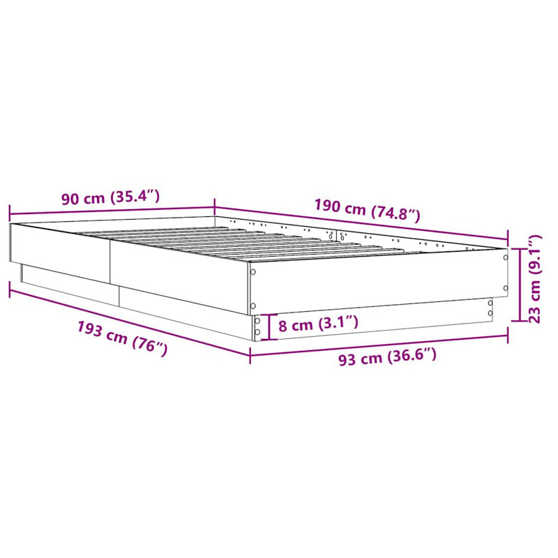 Vidaxl Bed Frame Engineered Wood, Brown Oak, Single (3')