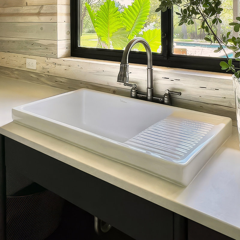 Fireclay Reversible Sink with Integral Drainboard and Decorative 2 ½" Lip on Both Sides, Matte Black