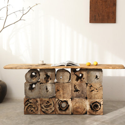 Console d'entrée de 62,99 po de largeur, support décoratif en bois massif Wabi Sabi Live Edge, table d'appoint à base de souche d'arbre irrégulière pour le couloir du salon