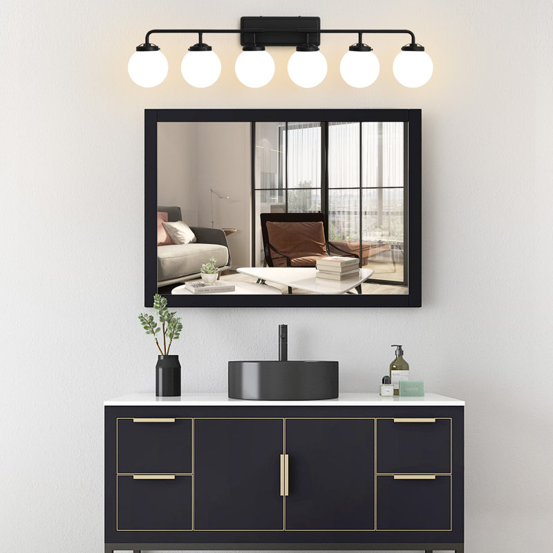 Brackenley 6 - Light Dimmable Vanity Light With Hand Blown Glass Globe Shade, Matte Black, White