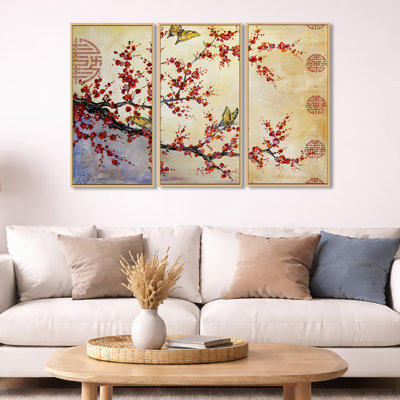 Butterfly Blossoms-Asian - Cottage_General, ensemble d'art mural sur toile encadrée, 3 pièces