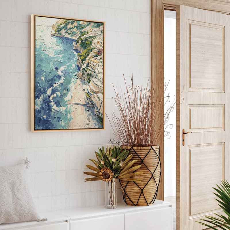 «Positano Sunset Serenade on Canvas» par Azure Artisanal Studio, reproduction, Cadre américain en érable flottant