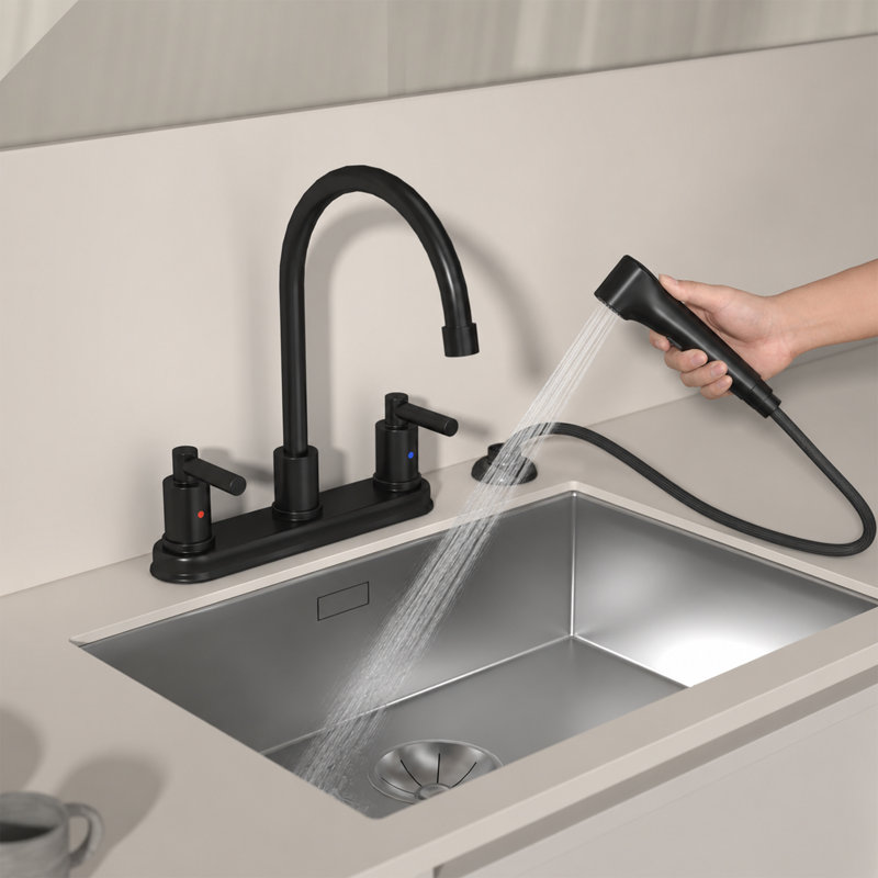 Robinets d'évier en acier inoxydable noir mat à 2 poignées de cuisine, robinets de cuisine avec bec rétractable