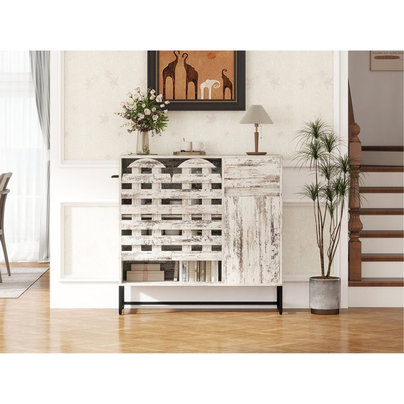 Armoire de style campagnard 44,3 "avec rangement, console de bar avec rangement, armoire de rangement rustique avec portes en treillis arquées et tiroir - pour le salon, la cuisine, le vestibule rétro blanc