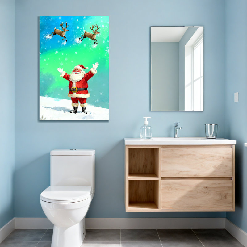 Noël père Noël avec renne dans un ciel enneigé, H 18 po x l 12 po