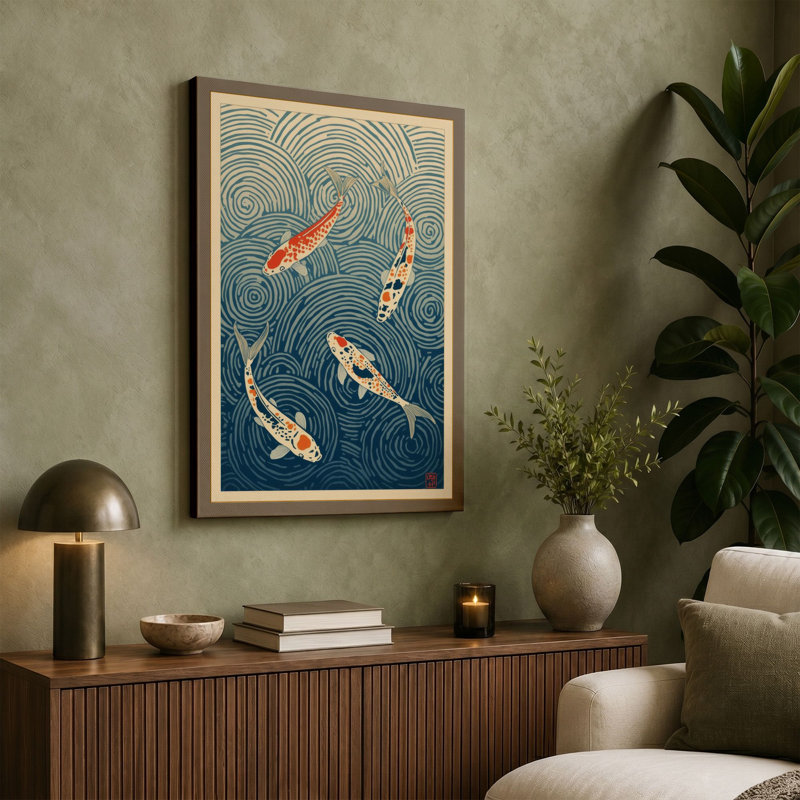 Koi in Ripples Japandi - Wrapped Canvas, 18x12 - 45.7 x 30.5 cm, Black Border