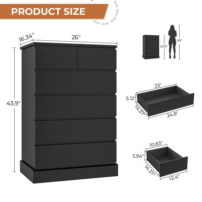 Tall Dresser With 6 Drawers, 43.9 Inch Tall Dresser And Chest Of Drawers, Modern Wooden Closet Organizer And Storage Cabinet For Bedroom, Wardrobe, Hallway