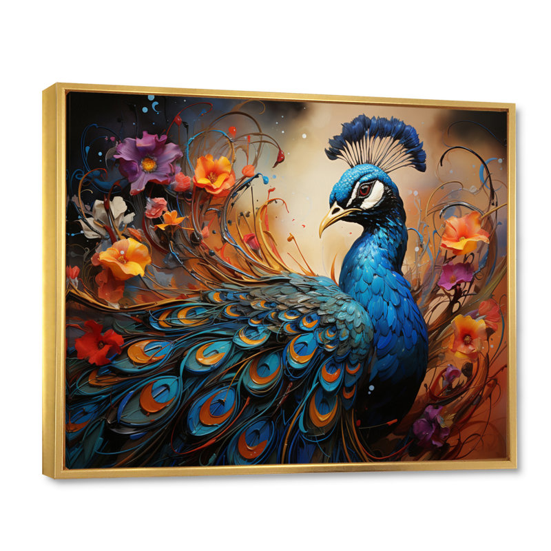 Peacock Abstract Collage I - Animals Wall Art Prints, Cadre flottant doré, H 24 po x l 32 po x P 1 po