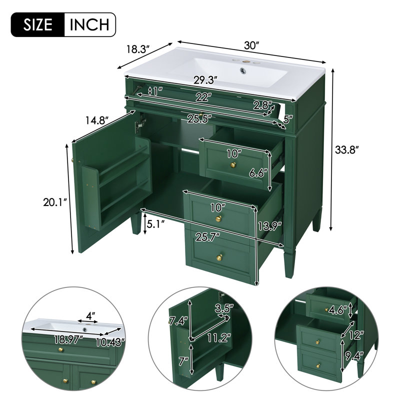 Meuble-lavabo de 30 po avec lavabo supérieur, meuble-lavabo moderne avec 2 tiroirs et tiroir escamotable, meuble-lavabo simple