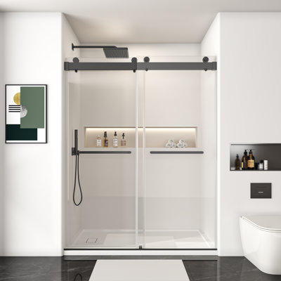 66 po X P 76 po H Porte de douche coulissante simple sans cadre avec Verre trempé transparent noir mat
