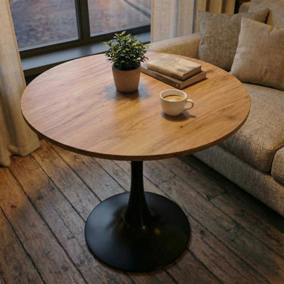 31.5" Round Dining Table With Black Pedestal Base，Mid-Century Modern Coffee Table With Mdf Table Top