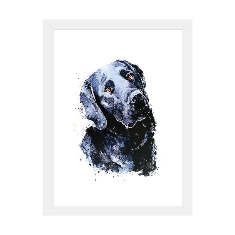 Labrador noir patiemment en attente par Edwatercolours-impression, H 24 po x l 16 po x P 1 po, Papier encadré blanc, Blanc