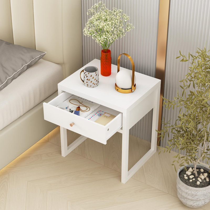 Table de chevet blanche moderne avec tiroir, table de chevet minimaliste avec poignée en bois, table de bout compacte pour chambre à coucher, appartement ou petits espaces, assemblage facile
