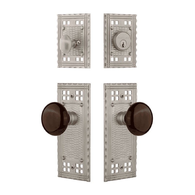 Nostalgic Warehouse Craftsman Entry Set with Brown Porcelain Knob, Satin Nickel
