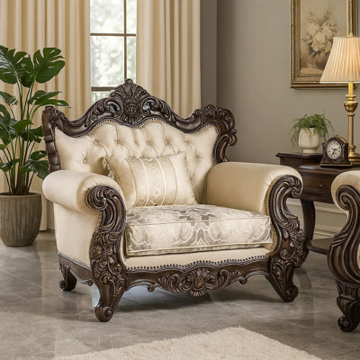 Puhi Accent Armchair W Lumbar Pillow, Beige Fabric, Ornate Carved Wood