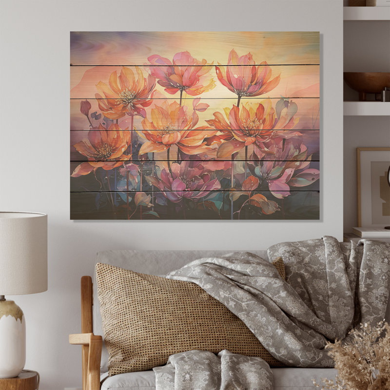 Tulipes coucher de soleil I - Tulipes, art mural sur bois de pin naturel, H 30 po x l 40 po