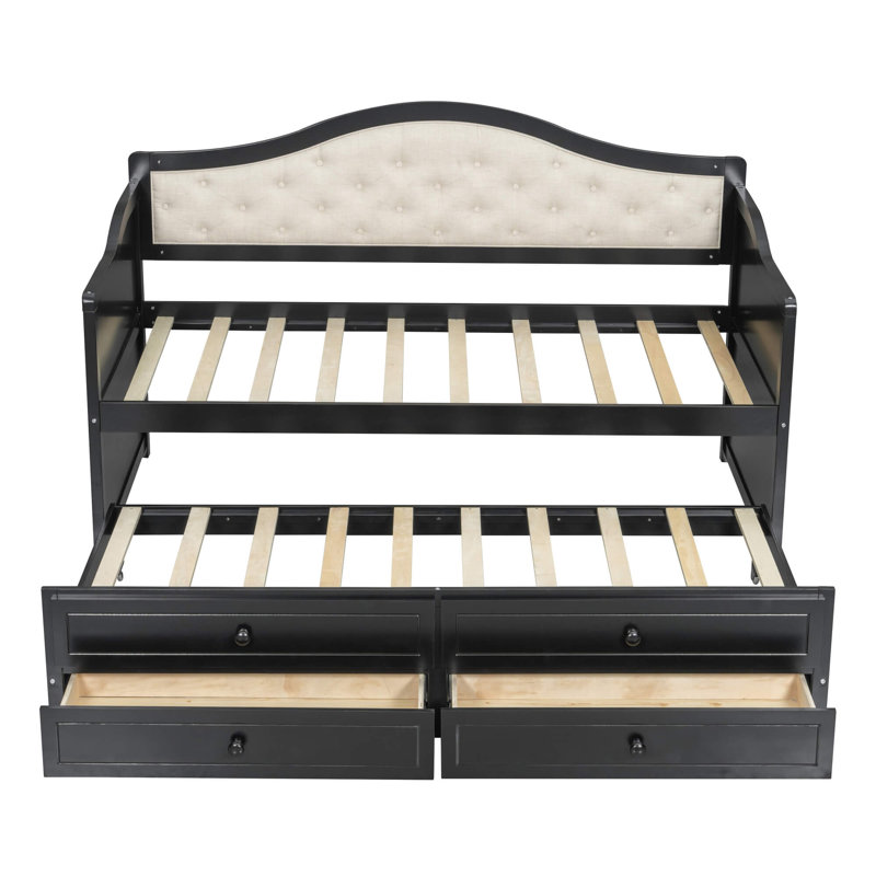 Twin Wooden Daybed With Trundle, 2 Storage Drawers & Upholstered Button-Tufted Backrest, No Box Spring Needed, Black