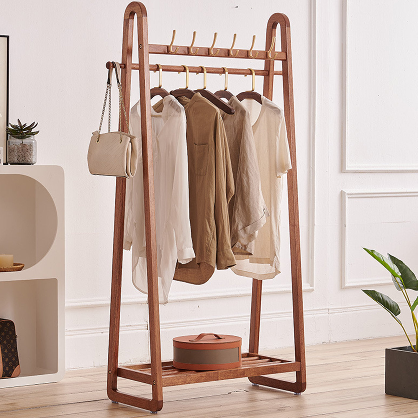 Brass Foam Brown Minimalism Begonia Solid Wood Clothes Rack - Wayfair ...