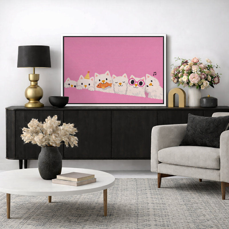 Cute White Cats on Pink Background Nursery Artwork, Bedroom Pictures, Framed Canvas Giclee Print Wall Art, 24" H x 36" W